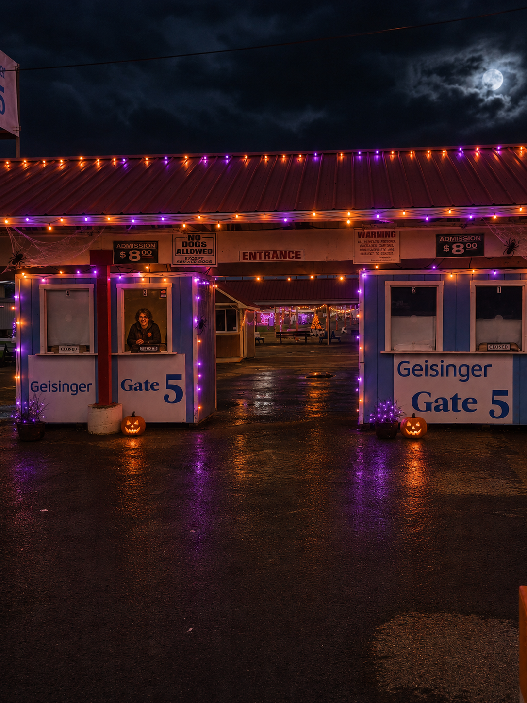 Decorated fairgrounds and food trucks glowing at night