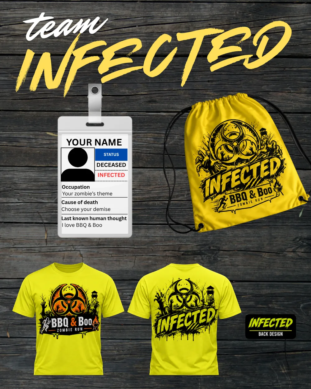 The Dead team kit: BBQ & Boo Zombie Run t-shirt, drawstring bag and zombie ID card